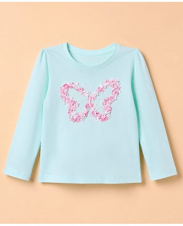 Babyhug 100% Cotton Knit T-Shirt with Full Sleeves and Butterfly Applique in Light/Sky Blue for 6-9 Months