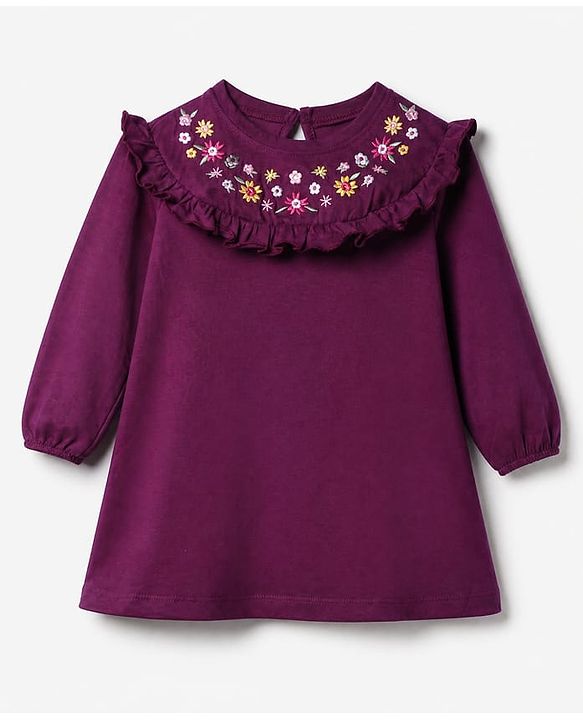 Babyhug Single Jersey Knit Full Sleeves Frock and Legging with Knee Length and Floral Embroidery in Maroon