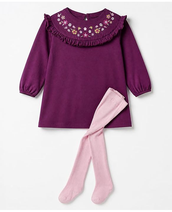 Babyhug Single Jersey Knit Full Sleeves Frock and Legging with Knee Length and Floral Embroidery in Maroon