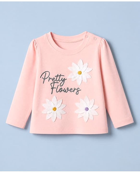 :Babyhug 100% Cotton Knit T-Shirt with Full Sleeve With Flower Applique - Peach