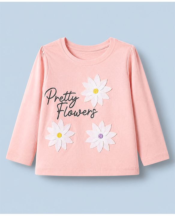 :Babyhug 100% Cotton Knit T-Shirt with Full Sleeve With Flower Applique - Peach