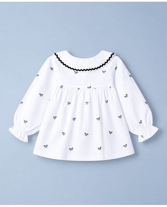 Babyhug 100% Cotton Poplin Woven Peter Pan Lace Collar Full Sleeves Top with Bow Print - White