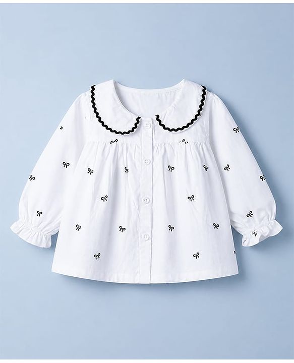 Babyhug 100% Cotton Poplin Woven Peter Pan Lace Collar Full Sleeves Top with Bow Print - White