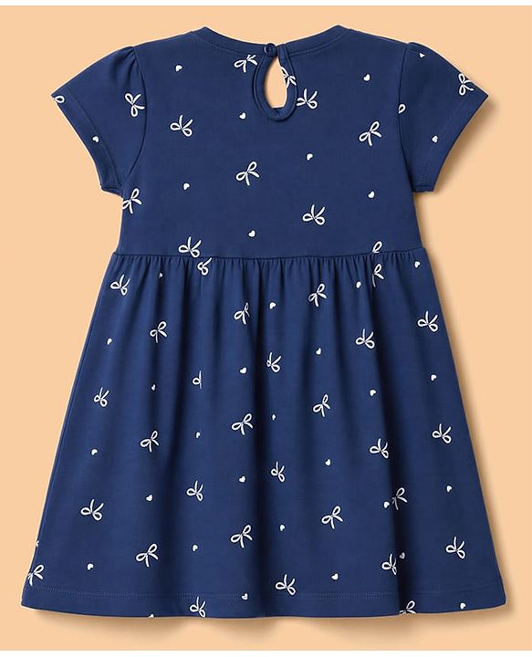 Babyhug Single Jersey Knit Half Sleeves Frocks with Printed Hearts and Bows Applique Pack of 2 - White & Navy Blue