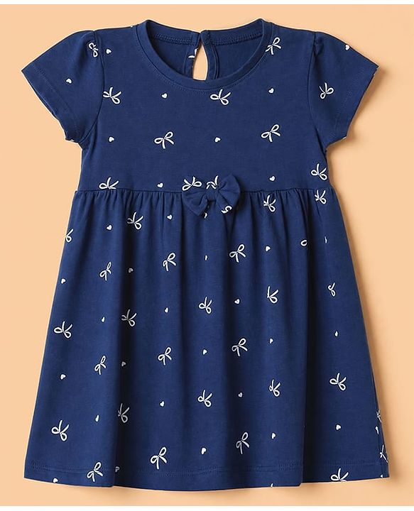 Babyhug Single Jersey Knit Half Sleeves Frocks with Printed Hearts and Bows Applique Pack of 2 - White & Navy Blue