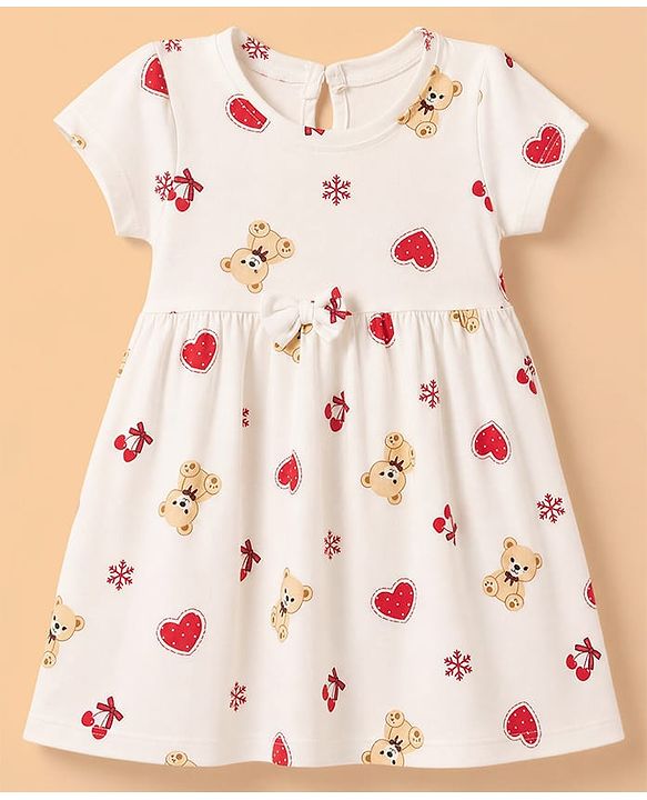 Babyhug Single Jersey Knit Half Sleeves Frocks with Printed Hearts and Bows Applique Pack of 2 - White & Navy Blue