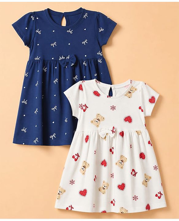 Babyhug Single Jersey Knit Half Sleeves Frocks with Printed Hearts and Bows Applique Pack of 2 - White & Navy Blue