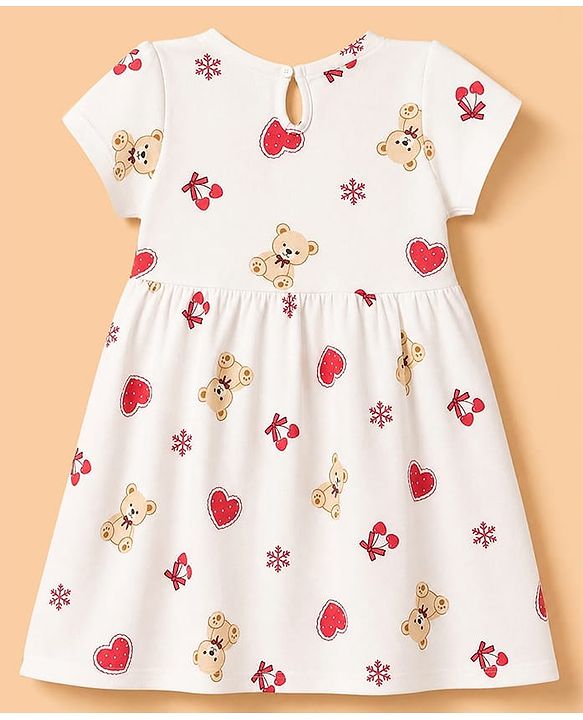 Babyhug Single Jersey Knit Half Sleeves Frocks with Printed Hearts and Bows Applique Pack of 2 - White & Navy Blue