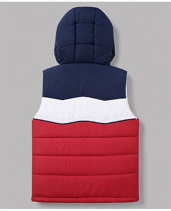 Babyhug Woven Padded/Quilted/ Winter Hooded Jacket with Sleeveless and Color Block Print in Navy Blue
