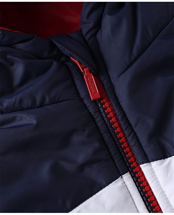 Babyhug Woven Padded/Quilted/ Winter Hooded Jacket with Sleeveless and Color Block Print in Navy Blue