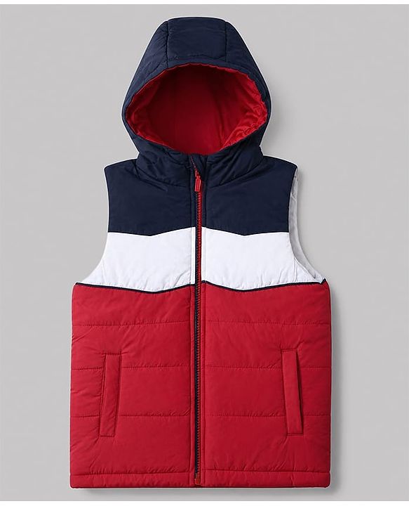 Babyhug Woven Padded/Quilted/ Winter Hooded Jacket with Sleeveless and Color Block Print in Navy Blue