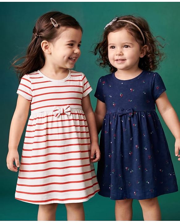 Babyhug Single Jersey Knit Half Sleeves Striped & Floral Printed Frocks With Bow Applique Pack Of 2 - Navy Blue & White