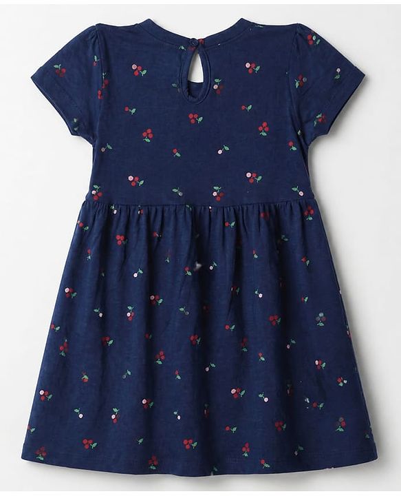 Babyhug Single Jersey Knit Half Sleeves Striped & Floral Printed Frocks With Bow Applique Pack Of 2 - Navy Blue & White