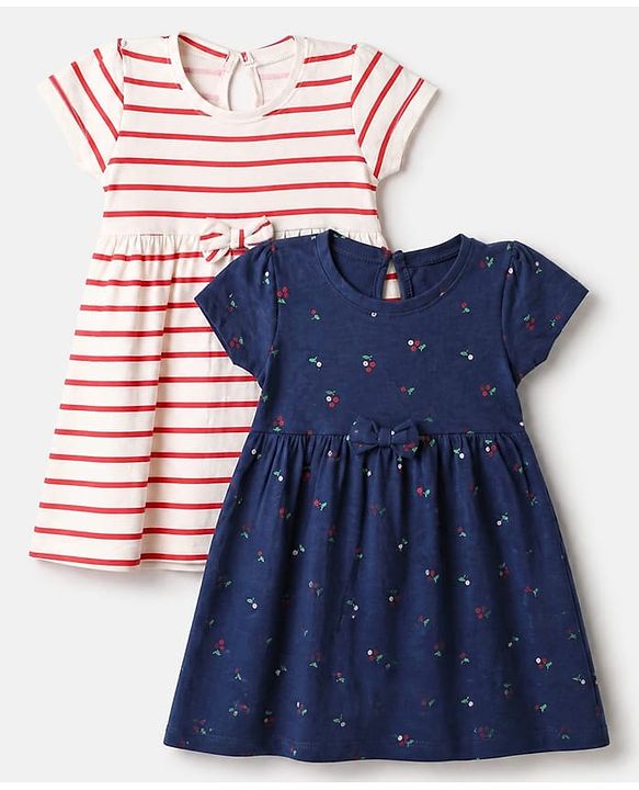 Babyhug Single Jersey Knit Half Sleeves Striped & Floral Printed Frocks With Bow Applique Pack Of 2 - Navy Blue & White