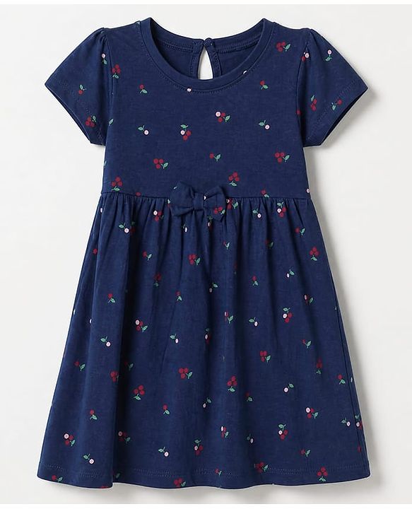 Babyhug Single Jersey Knit Half Sleeves Striped & Floral Printed Frocks With Bow Applique Pack Of 2 - Navy Blue & White