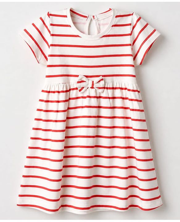Babyhug Single Jersey Knit Half Sleeves Striped & Floral Printed Frocks With Bow Applique Pack Of 2 - Navy Blue & White