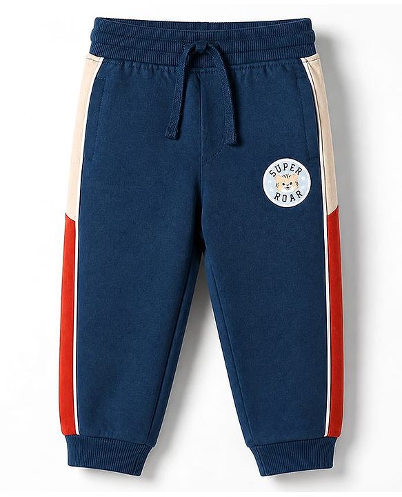 Babyhug Cotton Looper Knit Jogger Fit Full Length Lounge Pant with Tiger Print - Navy Blue