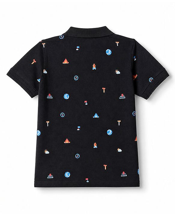 Pine Kids Cotton Knit Half Sleeves Polo T-Shirt With Camping Print - Black