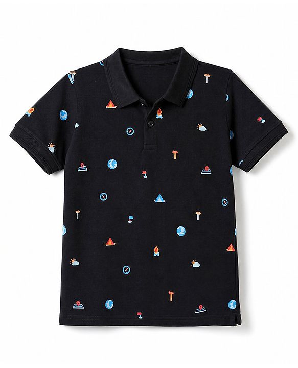 Pine Kids Cotton Knit Half Sleeves Polo T-Shirt With Camping Print - Black