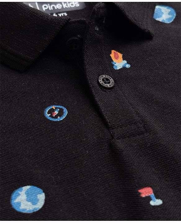 Pine Kids Cotton Knit Half Sleeves Polo T-Shirt With Camping Print - Black