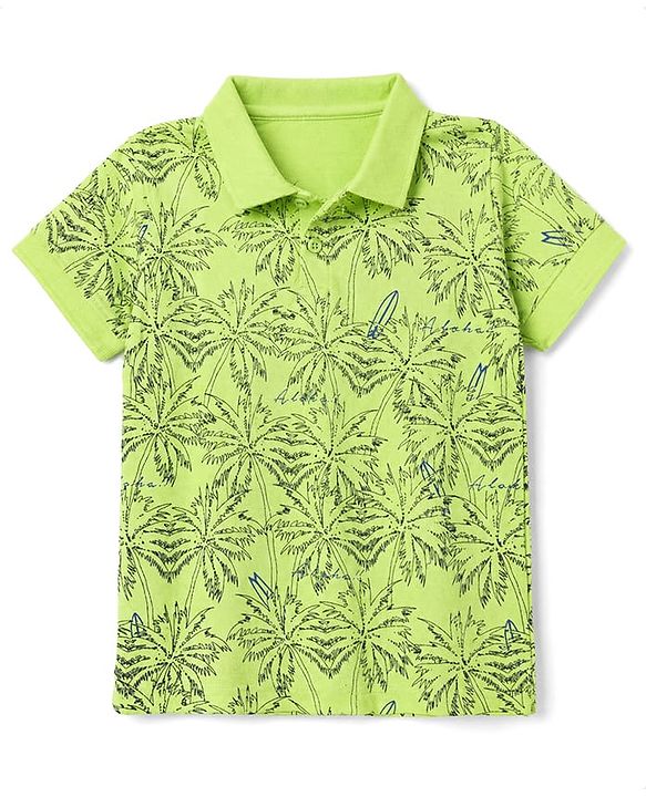 Pine Kids Cotton Mixes Knit T-Shirts with Half Sleeves and Palm Trees Print - Limegreen