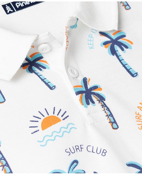 Pine Kids Cotton Knit Half Sleeves Polo T-Shirt With Beach Theme Print - White
