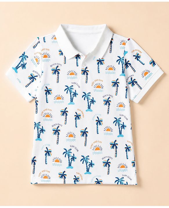Pine Kids Cotton Knit Half Sleeves Polo T-Shirt With Beach Theme Print - White