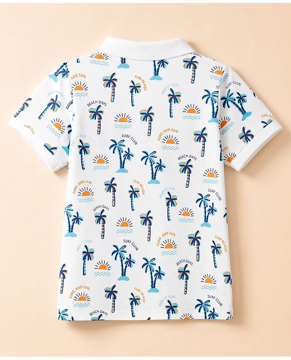 Pine Kids Cotton Knit Half Sleeves Polo T-Shirt With Beach Theme Print - White