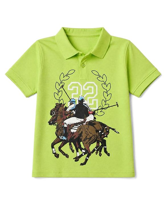 Pine Kids Cotton Mixes Knit Half Sleeves Polo T-Shirt with Polo Players Print - Limegreen