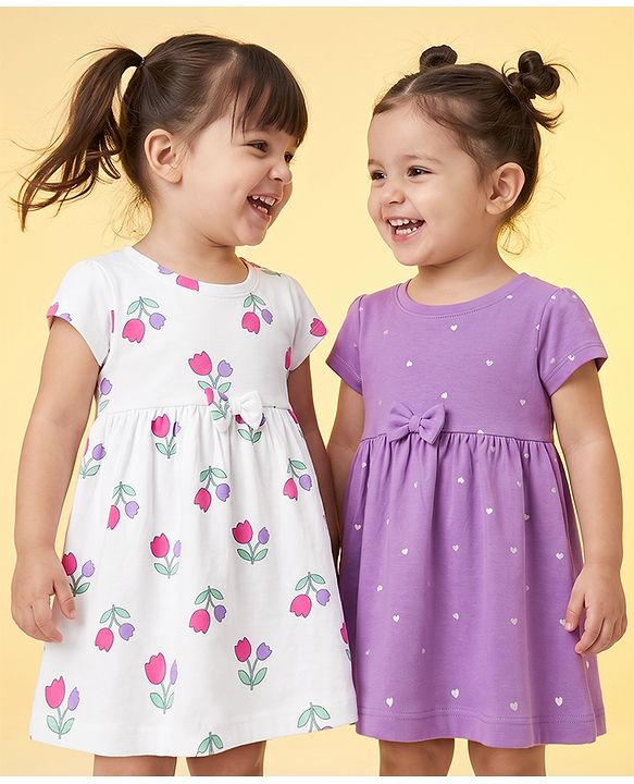 Babyhug Single Jersey Knit Dress with Half Sleeves in Heart & Floral Print Pack of 2 - Purple White