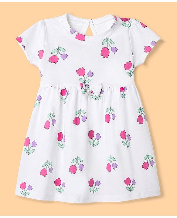 Babyhug Single Jersey Knit Dress with Half Sleeves in Heart & Floral Print Pack of 2 - Purple White