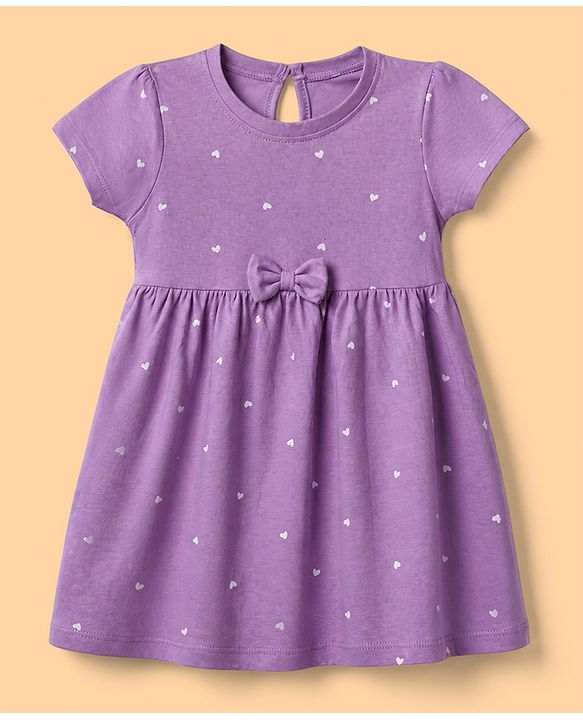 Babyhug Single Jersey Knit Dress with Half Sleeves in Heart & Floral Print Pack of 2 - Purple White