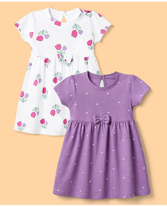 Babyhug Single Jersey Knit Dress with Half Sleeves in Heart & Floral Print Pack of 2 - Purple White