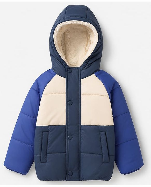 Babyhug Woven Full Sleeves Hooded Padded Winter Jacket - Navy Blue
