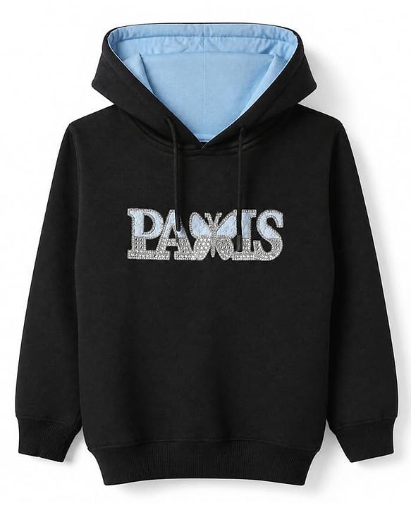 Pine Kids Knit Full Sleeves Hooded Sweatshirt With Paris Detailing - Black