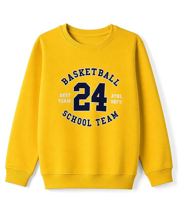 Pine Kids Cotton Knit Sweatshirt with Full Sleeves and Basketball Text Print - Yellow
