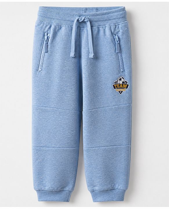Babyhug Cotton Looper Knit Full Length Solid Track Pant With Team Football Print - Blue