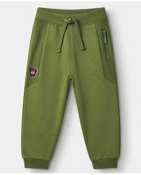 Babyhug Cotton Looper Knit Jogger Fit Full Length Lounge Pant with Fox Patch - Olive Green