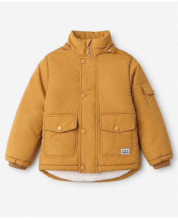 Babyhug Woven Full Sleeves Hooded Solid Padded/Quilted/ Winter Jacket - Mustard
