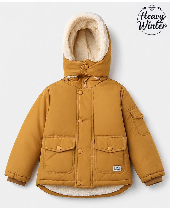 Babyhug Woven Full Sleeves Hooded Solid Padded/Quilted/ Winter Jacket - Mustard