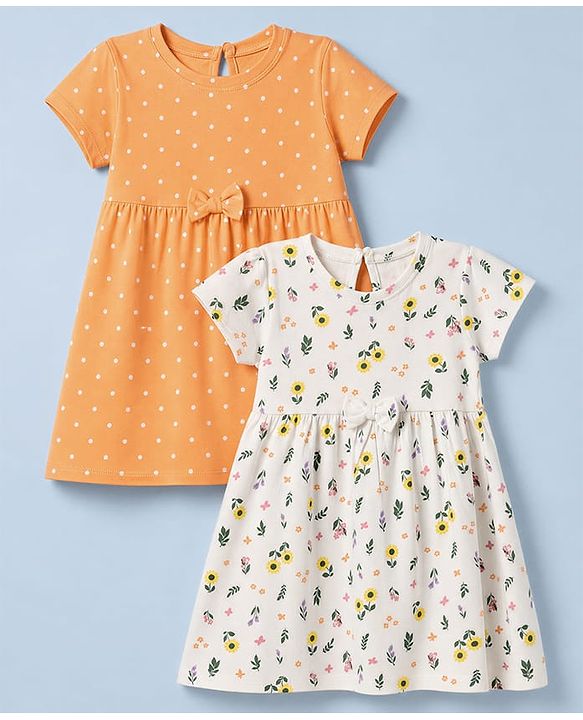 Babyhug Single Jersey Knit Half Sleeves Frocks with Floral & Polka Dots Print & Bow Applique Pack of 2 - White & Peach