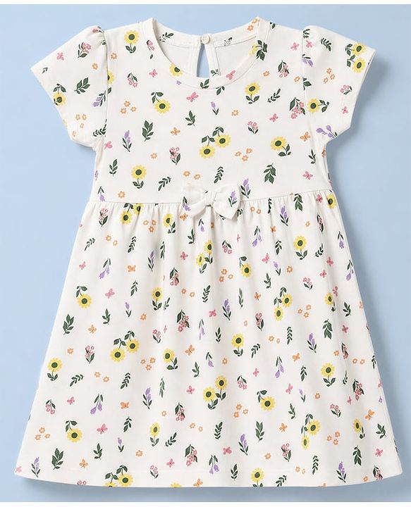 Babyhug Single Jersey Knit Half Sleeves Frocks with Floral & Polka Dots Print & Bow Applique Pack of 2 - White & Peach