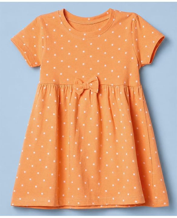 Babyhug Single Jersey Knit Half Sleeves Frocks with Floral & Polka Dots Print & Bow Applique Pack of 2 - White & Peach