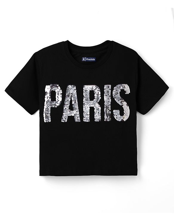 Pine Kids Cotton Knit T-Shirt with Half Sleeves and Paris Sequins - Black