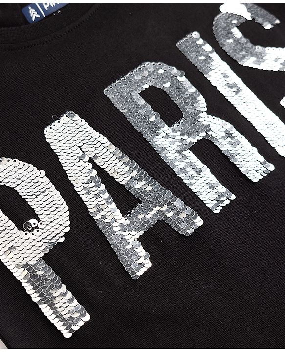 Pine Kids Cotton Knit T-Shirt with Half Sleeves and Paris Sequins - Black