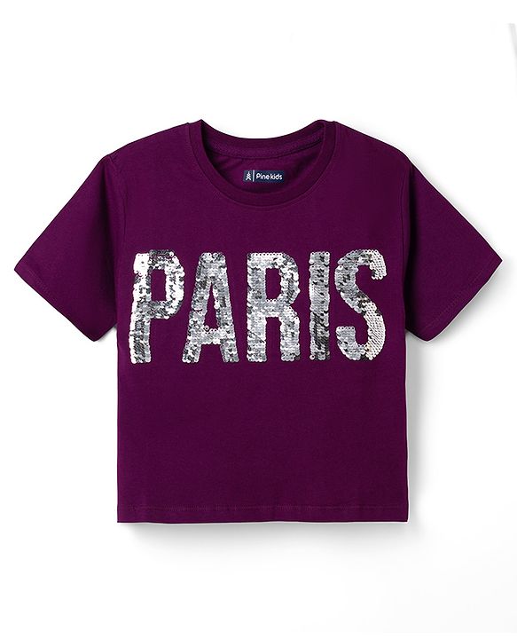 Pine Kids Cotton Knit T-Shirt with Half Sleeves and Paris Sequins - Purple