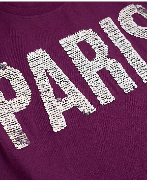 Pine Kids Cotton Knit T-Shirt with Half Sleeves and Paris Sequins - Purple