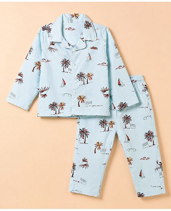 Babyhug 100% Cotton Knit Full Sleeves Co-Ords Shirt & Pyjama Night Suit with Beach Theme Print - Sea Green