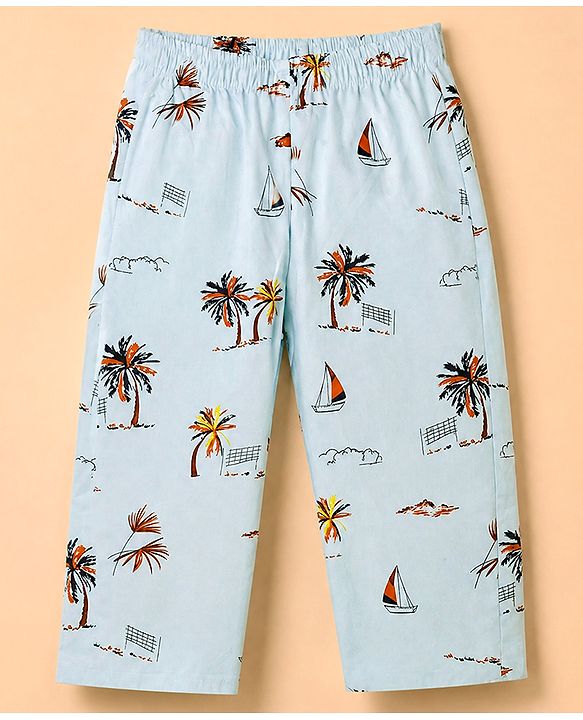 Babyhug 100% Cotton Knit Full Sleeves Co-Ords Shirt & Pyjama Night Suit with Beach Theme Print - Sea Green