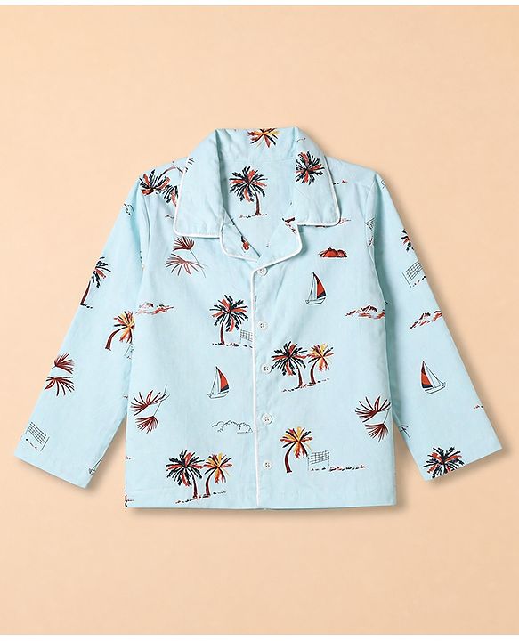 Babyhug 100% Cotton Knit Full Sleeves Co-Ords Shirt & Pyjama Night Suit with Beach Theme Print - Sea Green